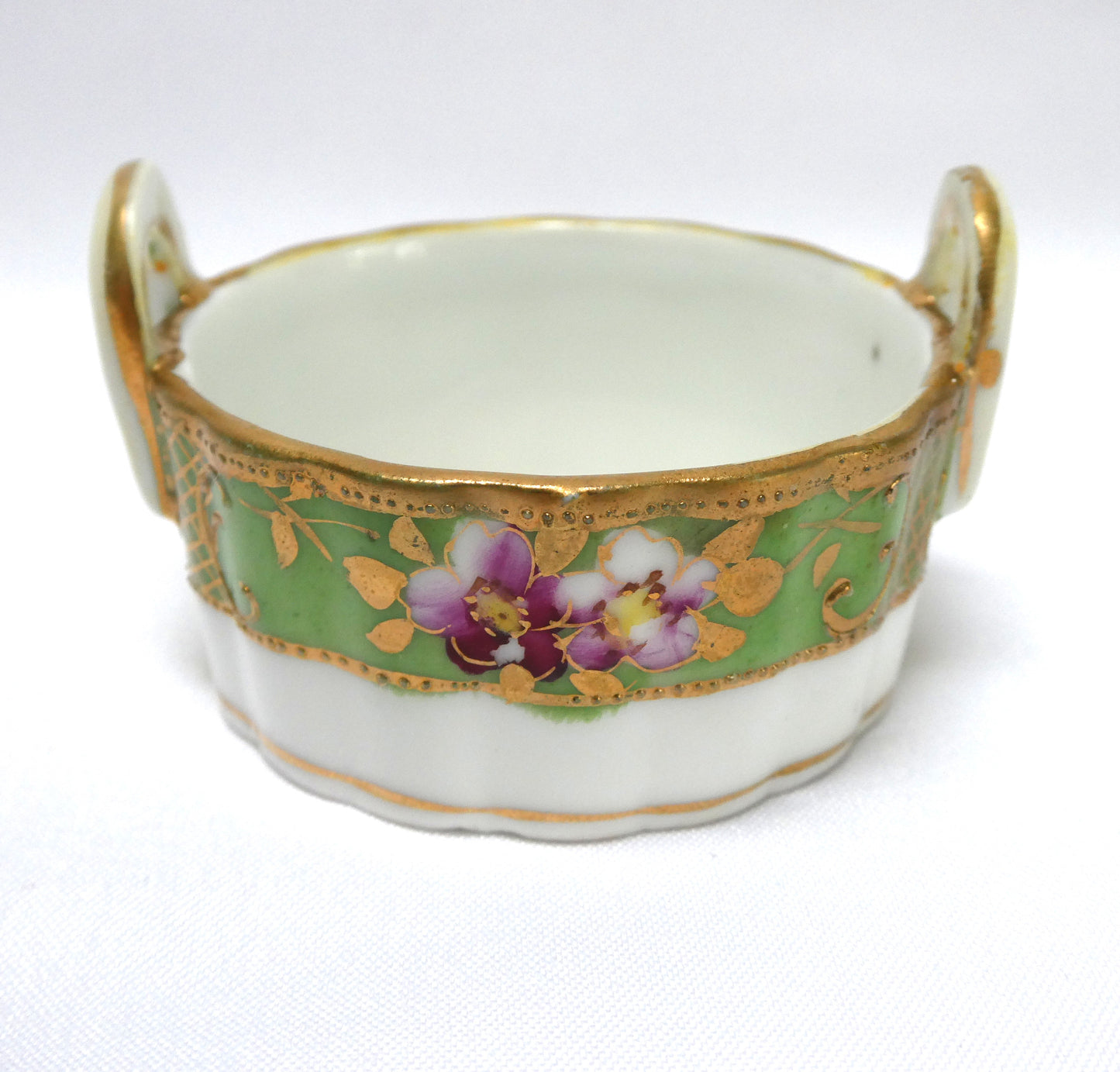 Antique Hand-Painted Green and Gold Floral Salt Cellar with Dual Handles, Japanese Nippon