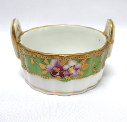 Antique Hand-Painted Green and Gold Floral Salt Cellar with Dual Handles, Japanese Nippon