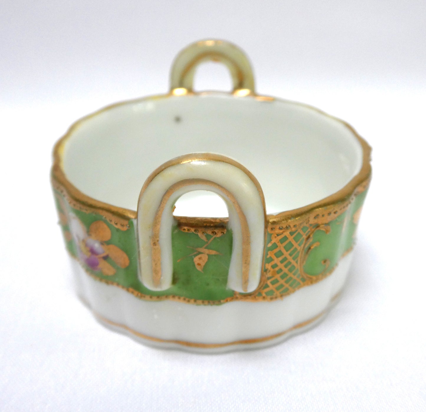 Antique Hand-Painted Green and Gold Floral Salt Cellar with Dual Handles, Japanese Nippon