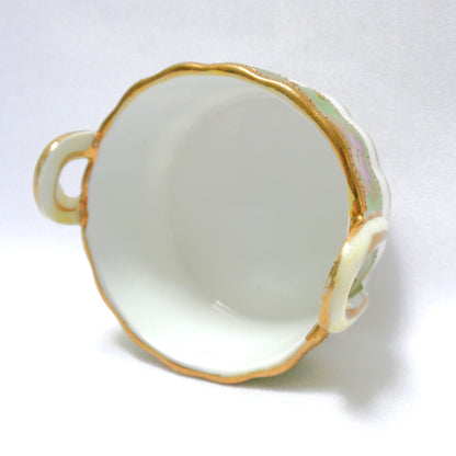 Antique Hand-Painted Green and Gold Floral Salt Cellar with Dual Handles, Japanese Nippon
