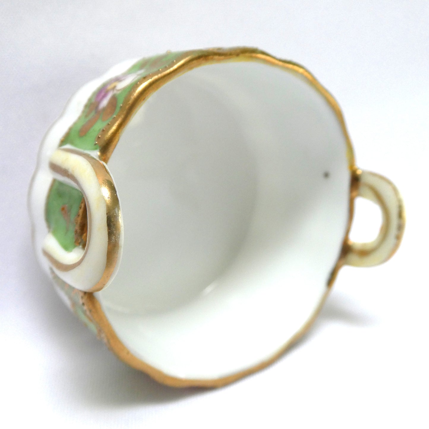 Antique Hand-Painted Green and Gold Floral Salt Cellar with Dual Handles, Japanese Nippon