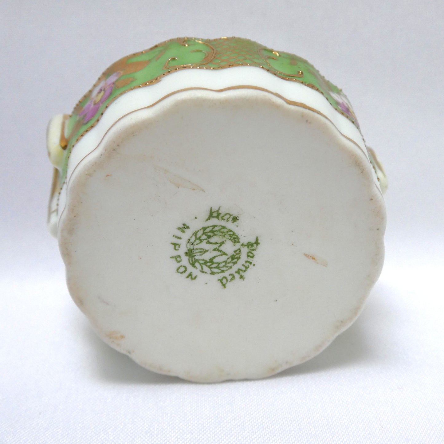 Antique Hand-Painted Green and Gold Floral Salt Cellar with Dual Handles, Japanese Nippon