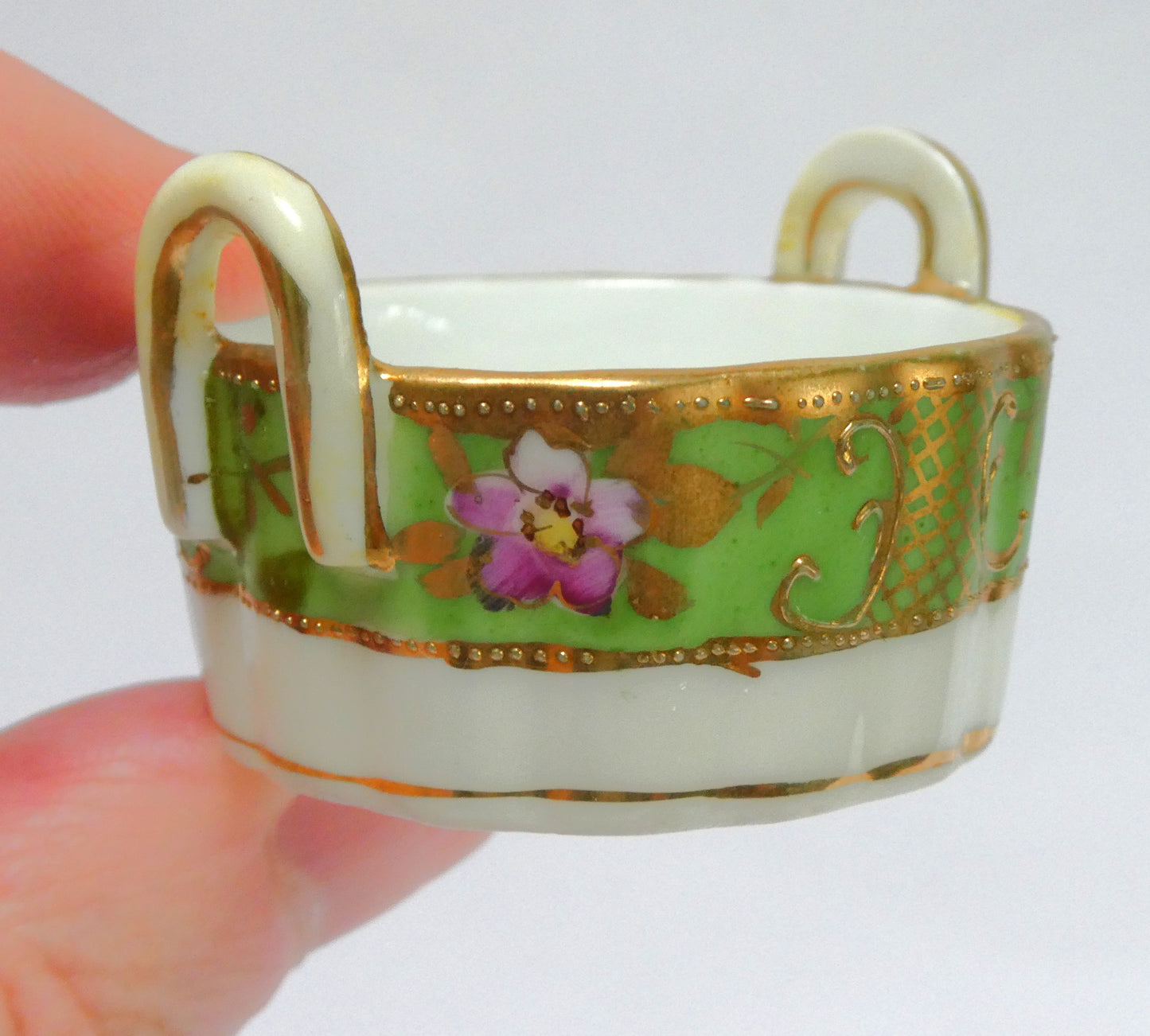 Antique Hand-Painted Green and Gold Floral Salt Cellar with Dual Handles, Japanese Nippon