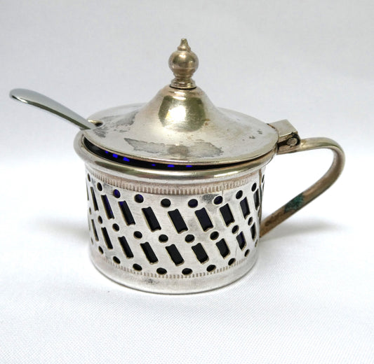 Antique Pierced Silverplated Mustard Pot or Salt Cellar, with a hinged lid and cobalt blue glass liner