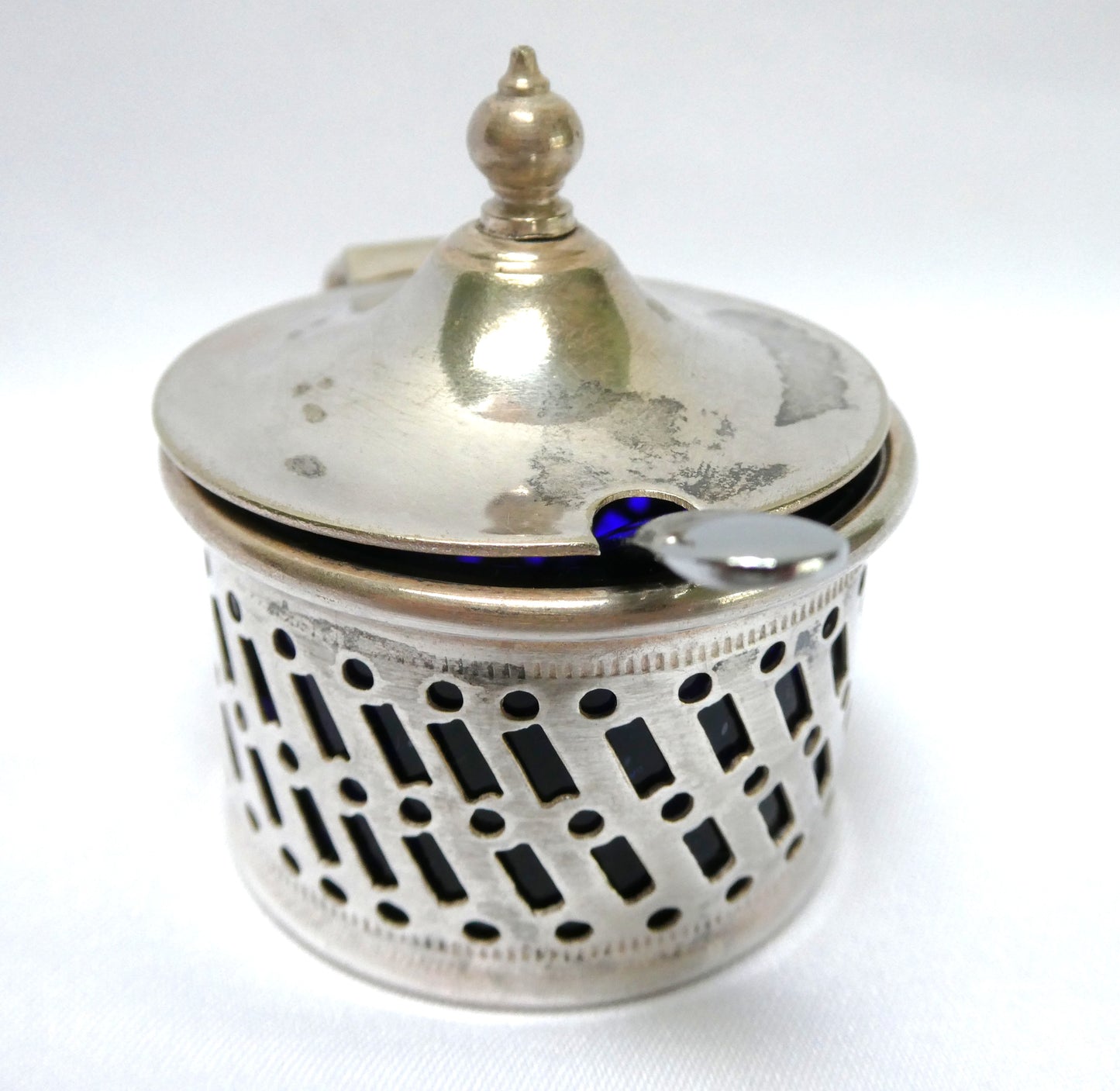 Antique Pierced Silverplated Mustard Pot or Salt Cellar, with a hinged lid and cobalt blue glass liner