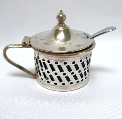 Antique Pierced Silverplated Mustard Pot or Salt Cellar, with a hinged lid and cobalt blue glass liner
