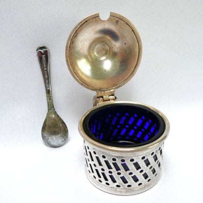 Antique Pierced Silverplated Mustard Pot or Salt Cellar, with a hinged lid and cobalt blue glass liner
