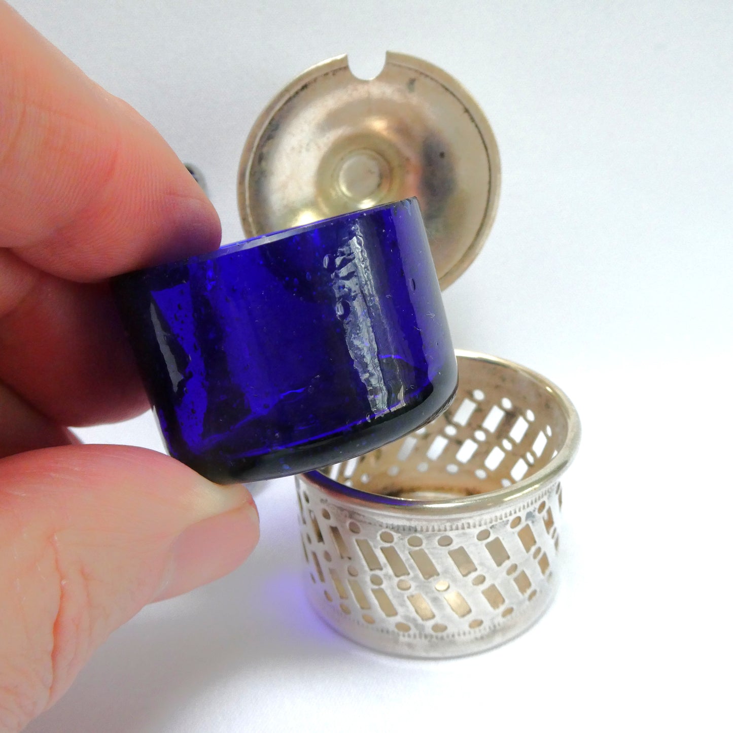 Antique Pierced Silverplated Mustard Pot or Salt Cellar, with a hinged lid and cobalt blue glass liner