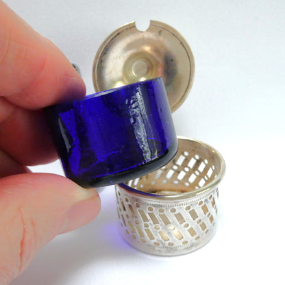 Antique Pierced Silverplated Mustard Pot or Salt Cellar, with a hinged lid and cobalt blue glass liner