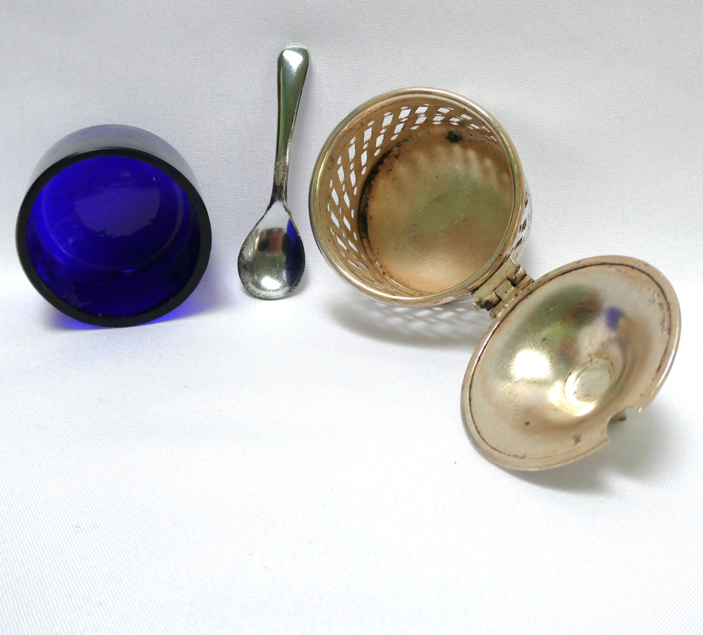 Antique Pierced Silverplated Mustard Pot or Salt Cellar, with a hinged lid and cobalt blue glass liner