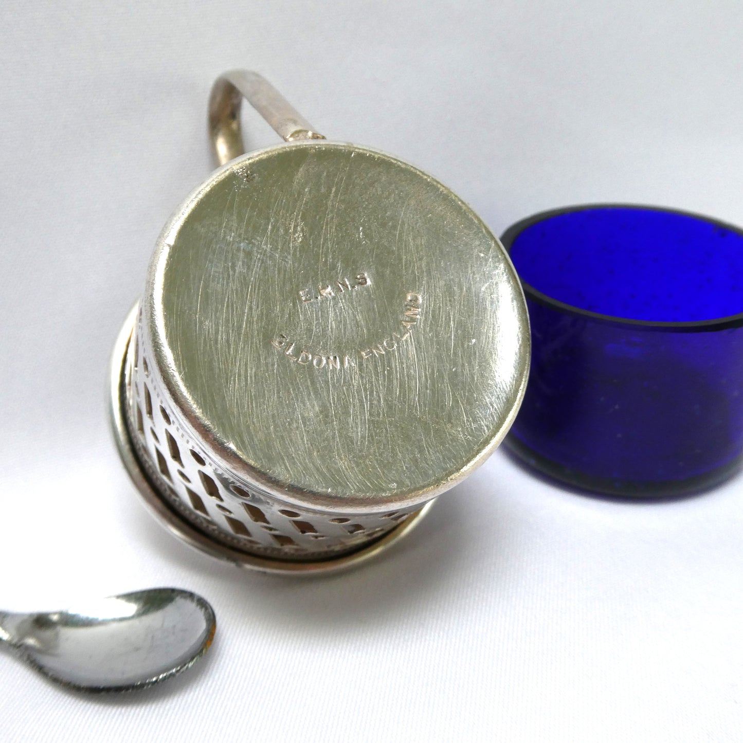 Antique Pierced Silverplated Mustard Pot or Salt Cellar, with a hinged lid and cobalt blue glass liner