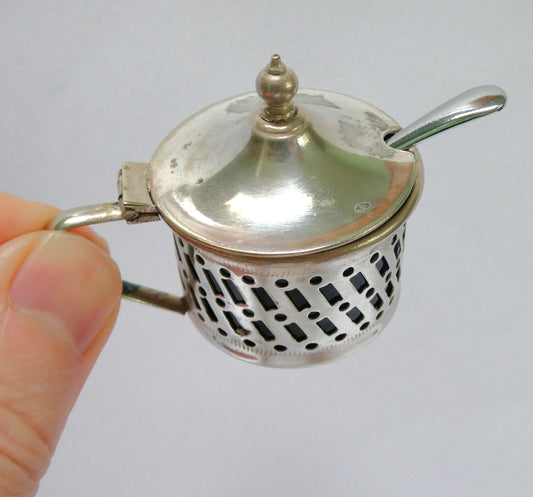 Antique Pierced Silverplated Mustard Pot or Salt Cellar, with a hinged lid and cobalt blue glass liner