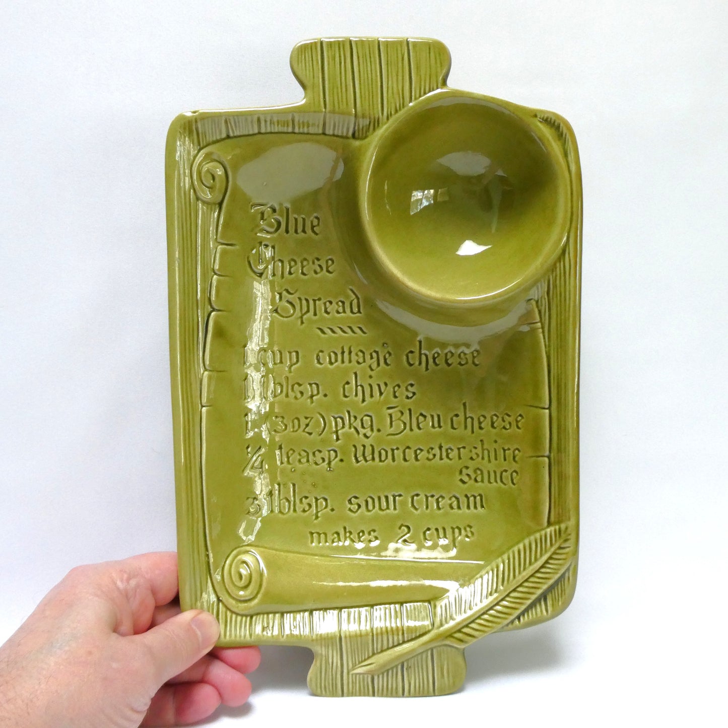 Rare Vintage Avacado Green Chip and Dip Blue Cheese Recipe Serving Platter, by The California USA Pottery Company