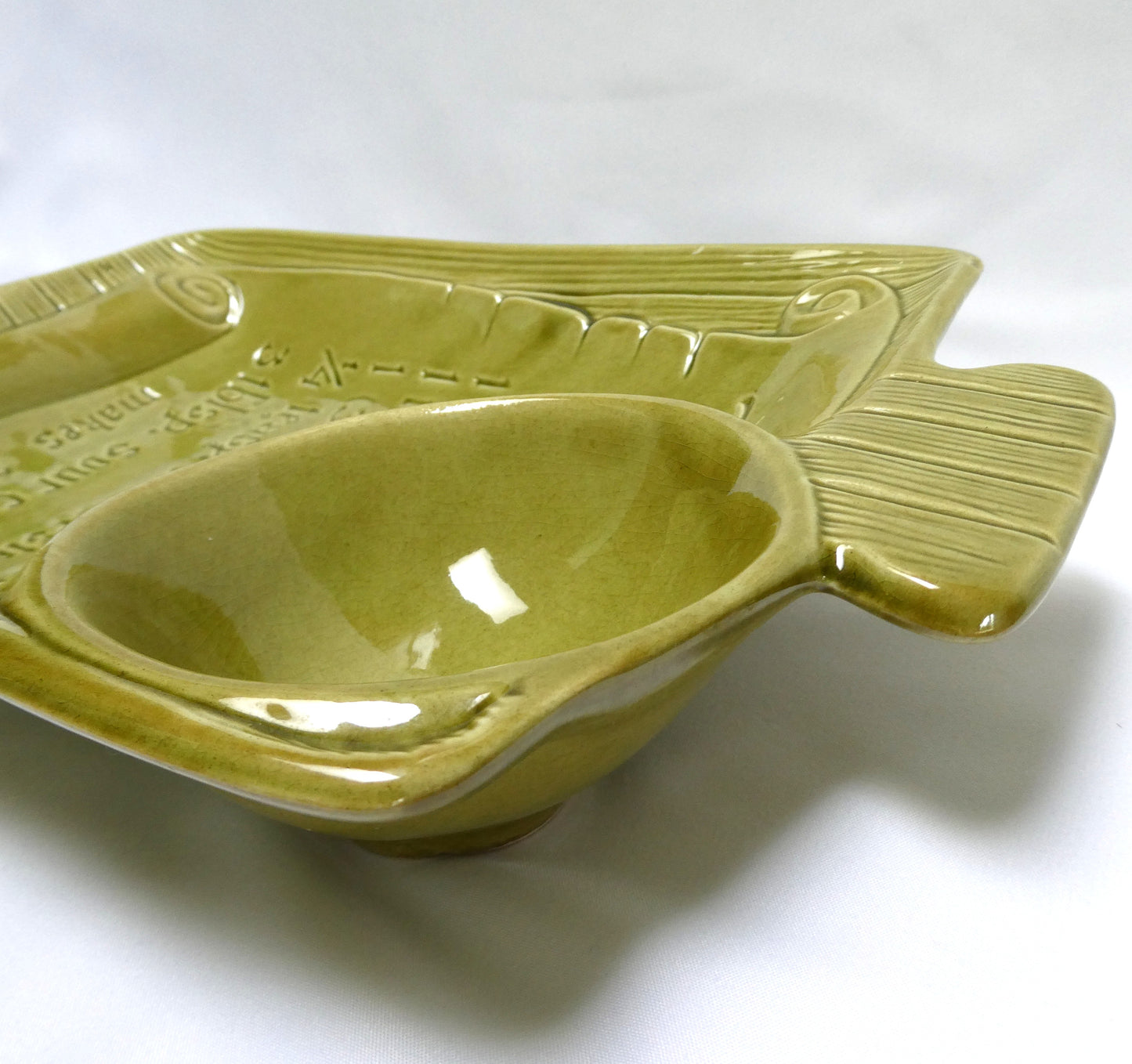 Rare Vintage Avacado Green Chip and Dip Blue Cheese Recipe Serving Platter, by The California USA Pottery Company