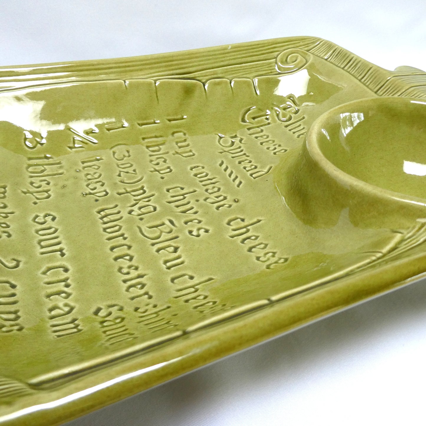 Rare Vintage Avacado Green Chip and Dip Blue Cheese Recipe Serving Platter, by The California USA Pottery Company
