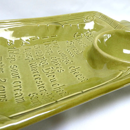 Rare Vintage Avacado Green Chip and Dip Blue Cheese Recipe Serving Platter, by The California USA Pottery Company