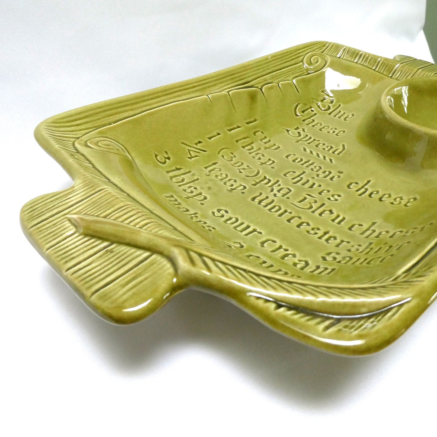 Rare Vintage Avacado Green Chip and Dip Blue Cheese Recipe Serving Platter, by The California USA Pottery Company