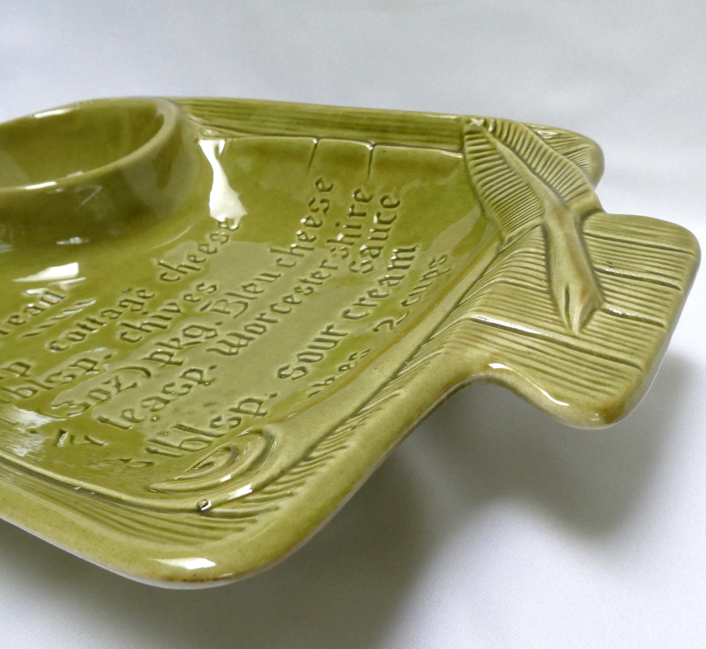 Rare Vintage Avacado Green Chip and Dip Blue Cheese Recipe Serving Platter, by The California USA Pottery Company