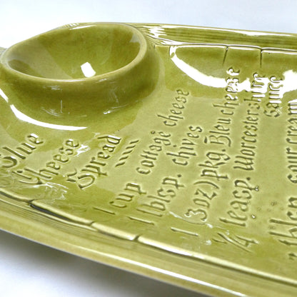 Rare Vintage Avacado Green Chip and Dip Blue Cheese Recipe Serving Platter, by The California USA Pottery Company