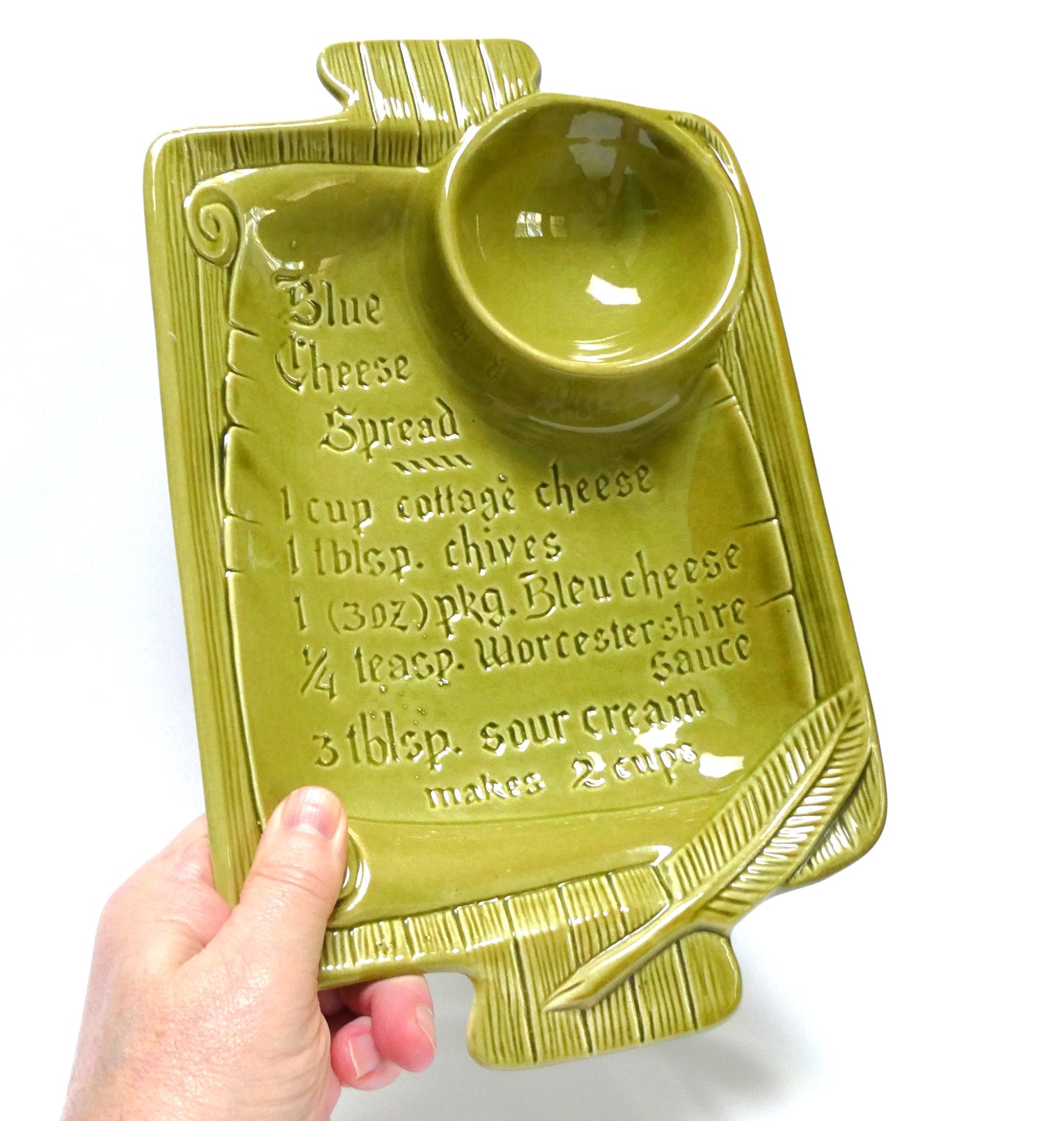 Rare Vintage Avacado Green Chip and Dip Blue Cheese Recipe Serving Platter, by The California USA Pottery Company