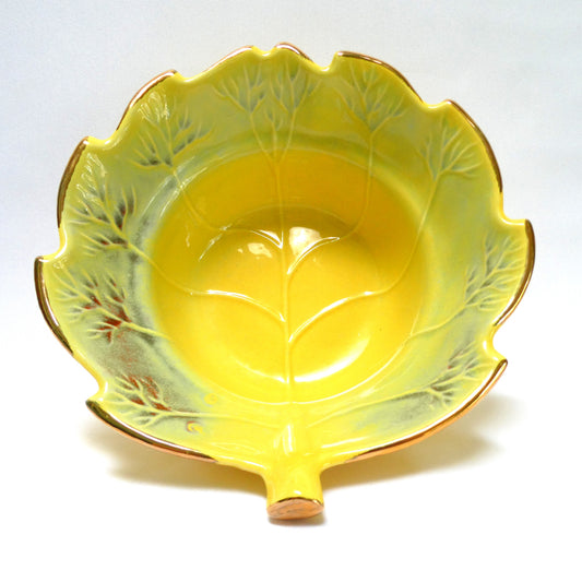 Vintage Yellow and Gold Pottery Leaf-Shaped Serving Bowl numbered 814, by The California USA Pottery Company