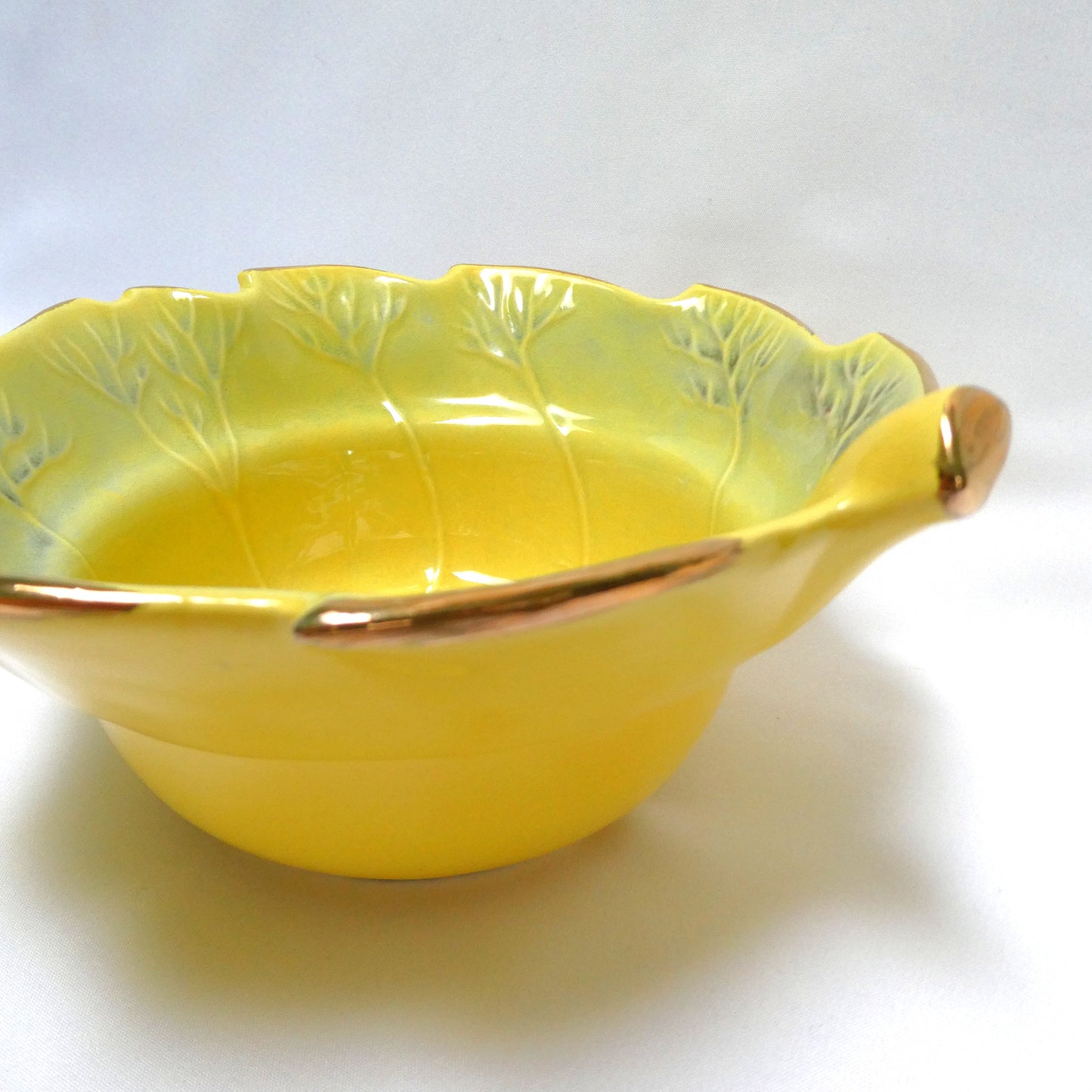 Vintage Yellow and Gold Pottery Leaf-Shaped Serving Bowl numbered 814, by The California USA Pottery Company