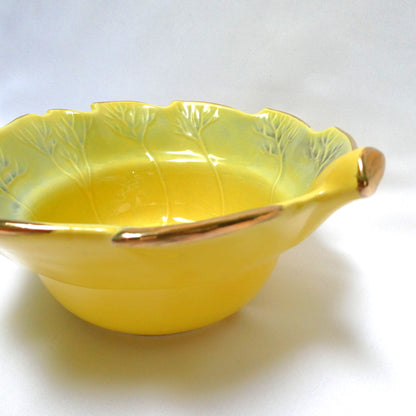 Vintage Yellow and Gold Pottery Leaf-Shaped Serving Bowl numbered 814, by The California USA Pottery Company