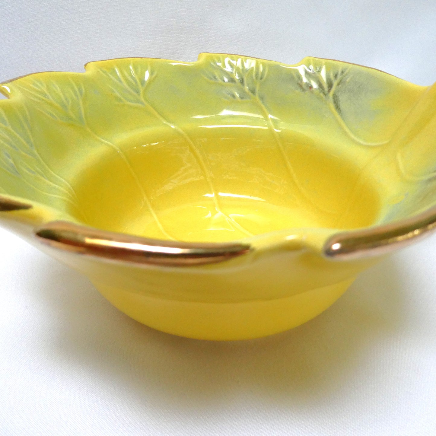 Vintage Yellow and Gold Pottery Leaf-Shaped Serving Bowl numbered 814, by The California USA Pottery Company