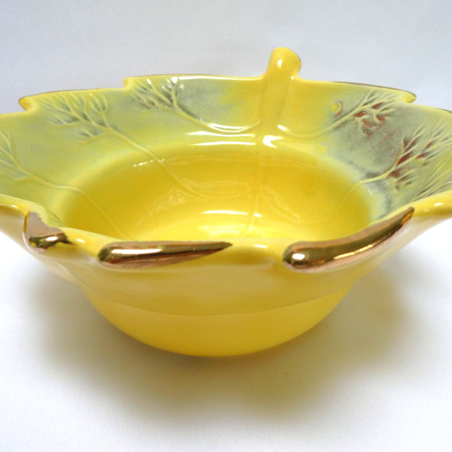 Vintage Yellow and Gold Pottery Leaf-Shaped Serving Bowl numbered 814, by The California USA Pottery Company