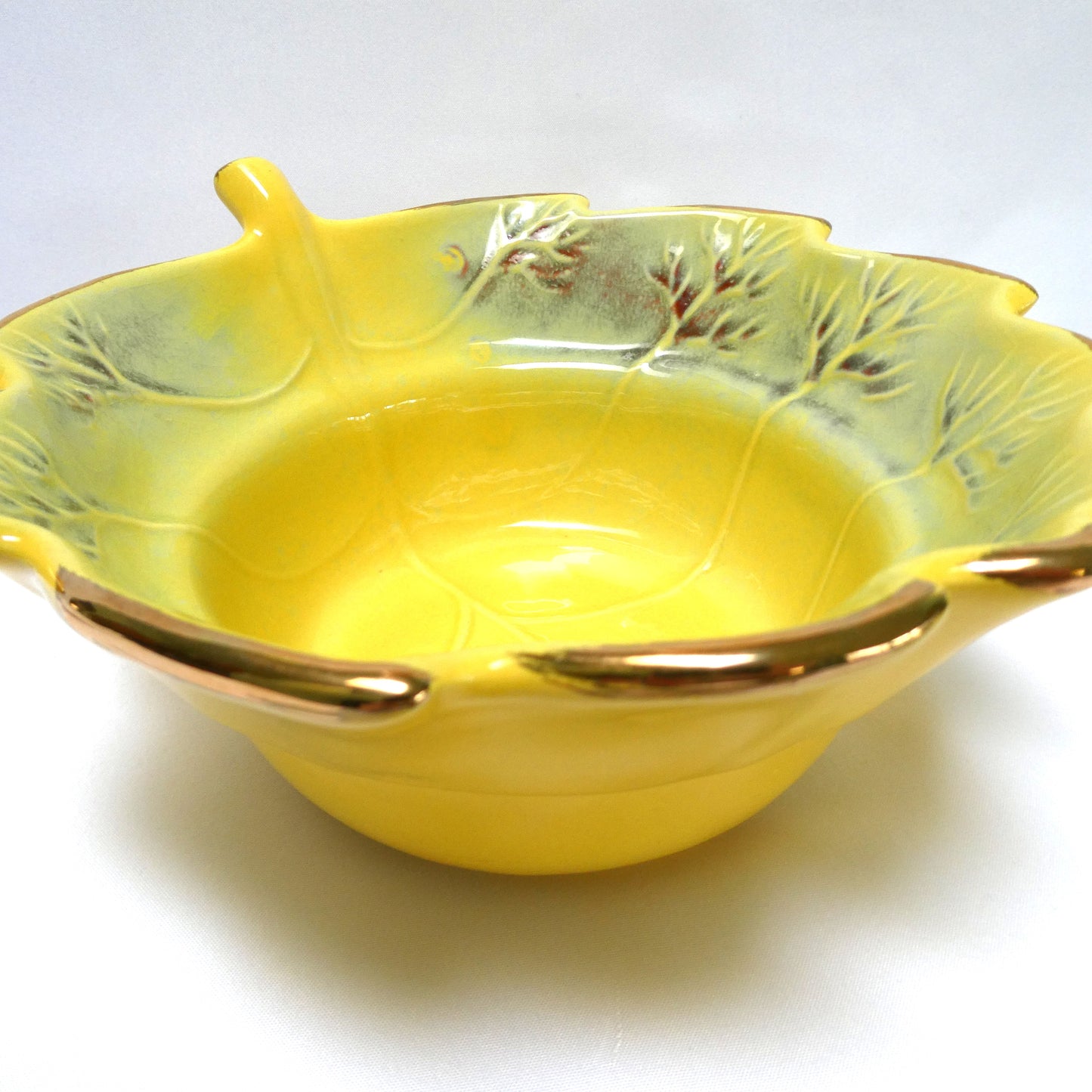 Vintage Yellow and Gold Pottery Leaf-Shaped Serving Bowl numbered 814, by The California USA Pottery Company