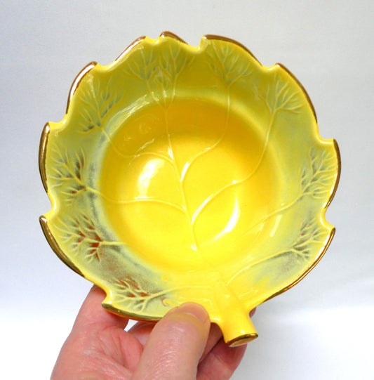 Vintage Yellow and Gold Pottery Leaf-Shaped Serving Bowl numbered 814, by The California USA Pottery Company