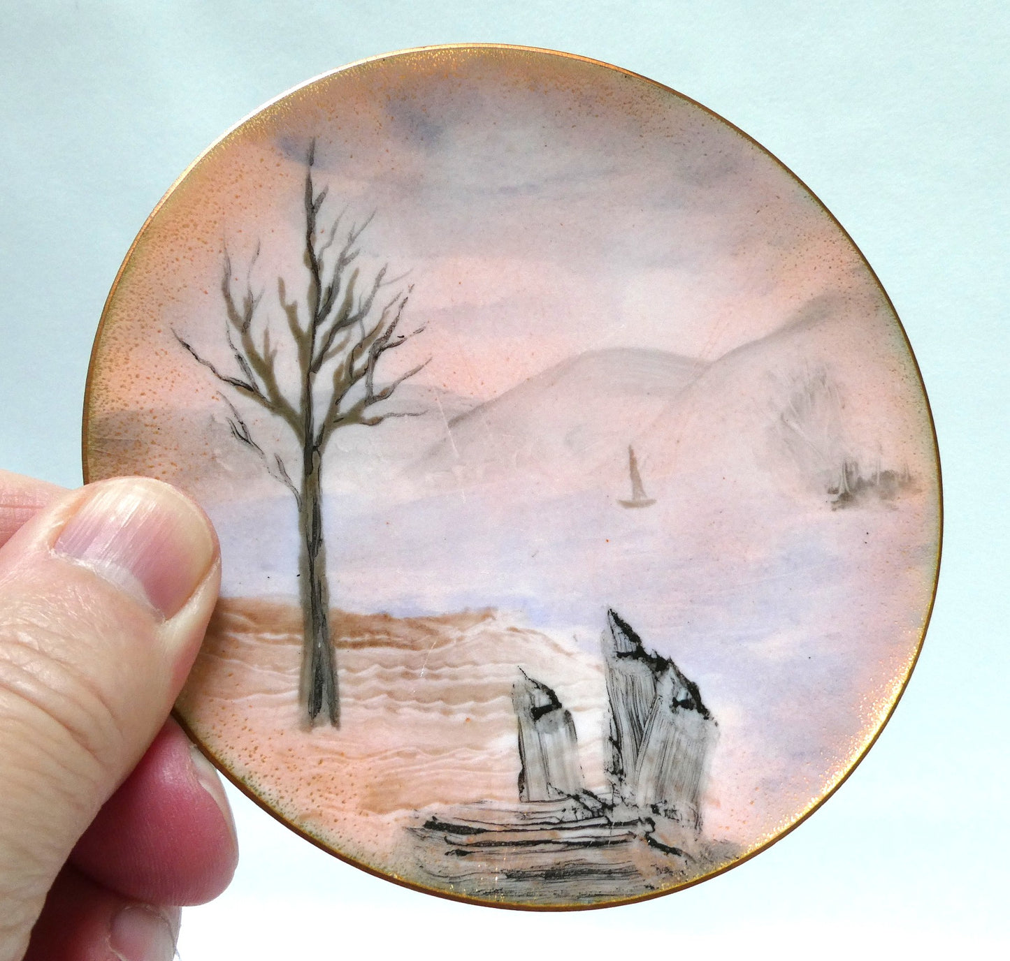 Vintage Enameled Copper Mini Dish, Hand-Painted by Canadian Artist D. Masse of Quebec, Canada