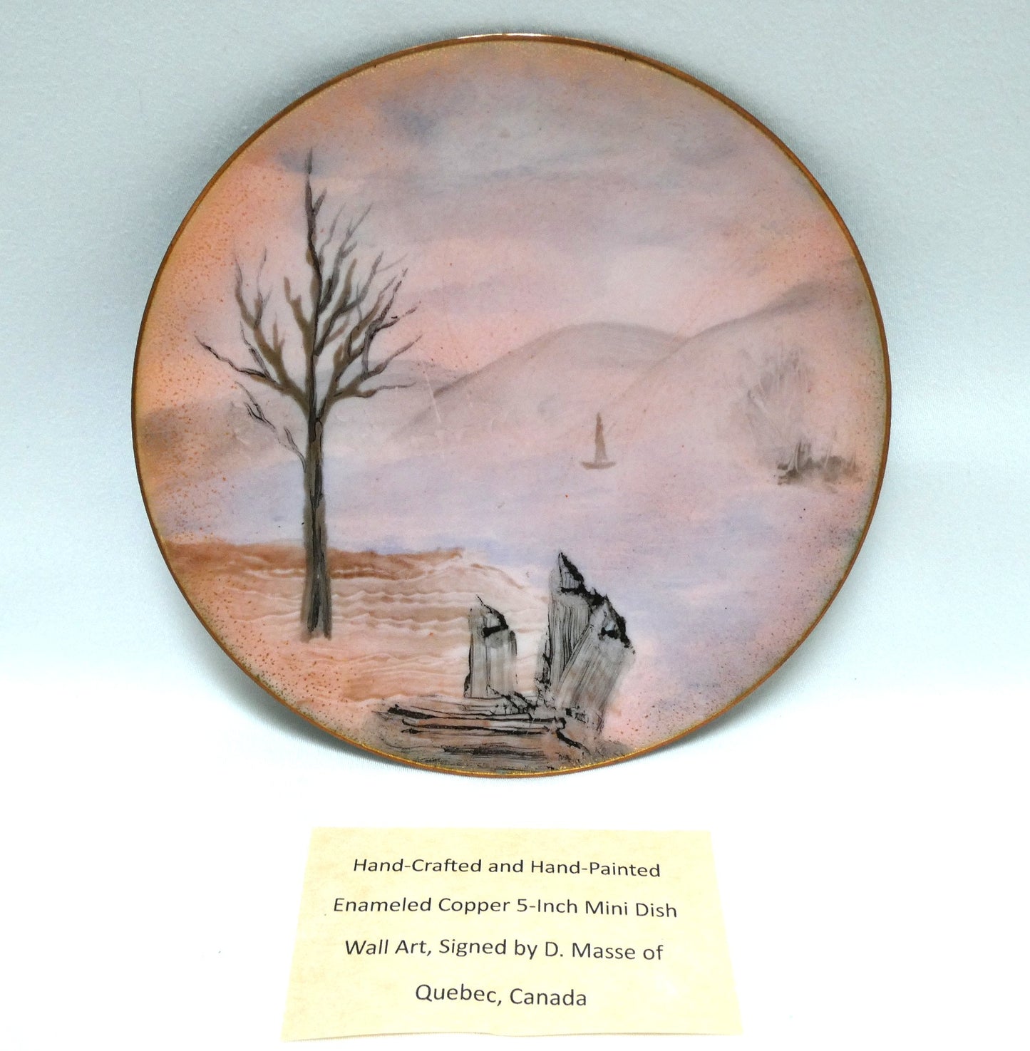 Vintage Enameled Copper Mini Dish, Hand-Painted by Canadian Artist D. Masse of Quebec, Canada