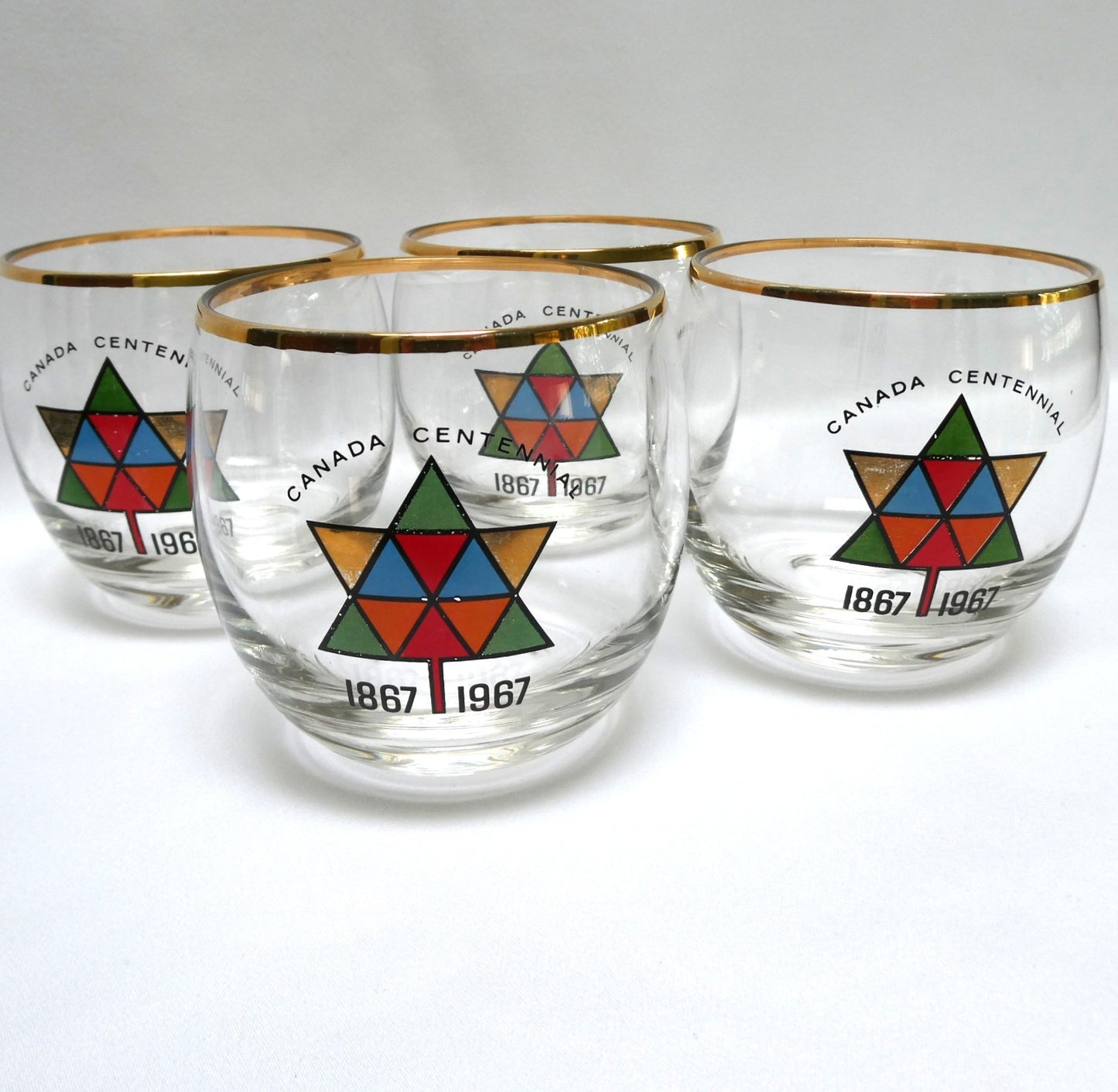 1967 Vintage EXPO CENTENNIAL ROLY-POLY GLASS GOLD-RIMMED TUMBLERS, Featuring Multi-Coloured Maple Leaves (Priced Each)