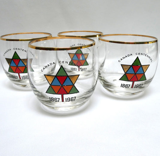 1967 Vintage EXPO CENTENNIAL ROLY-POLY GLASS GOLD-RIMMED TUMBLERS, Featuring Multi-Coloured Maple Leaves (Priced Each)