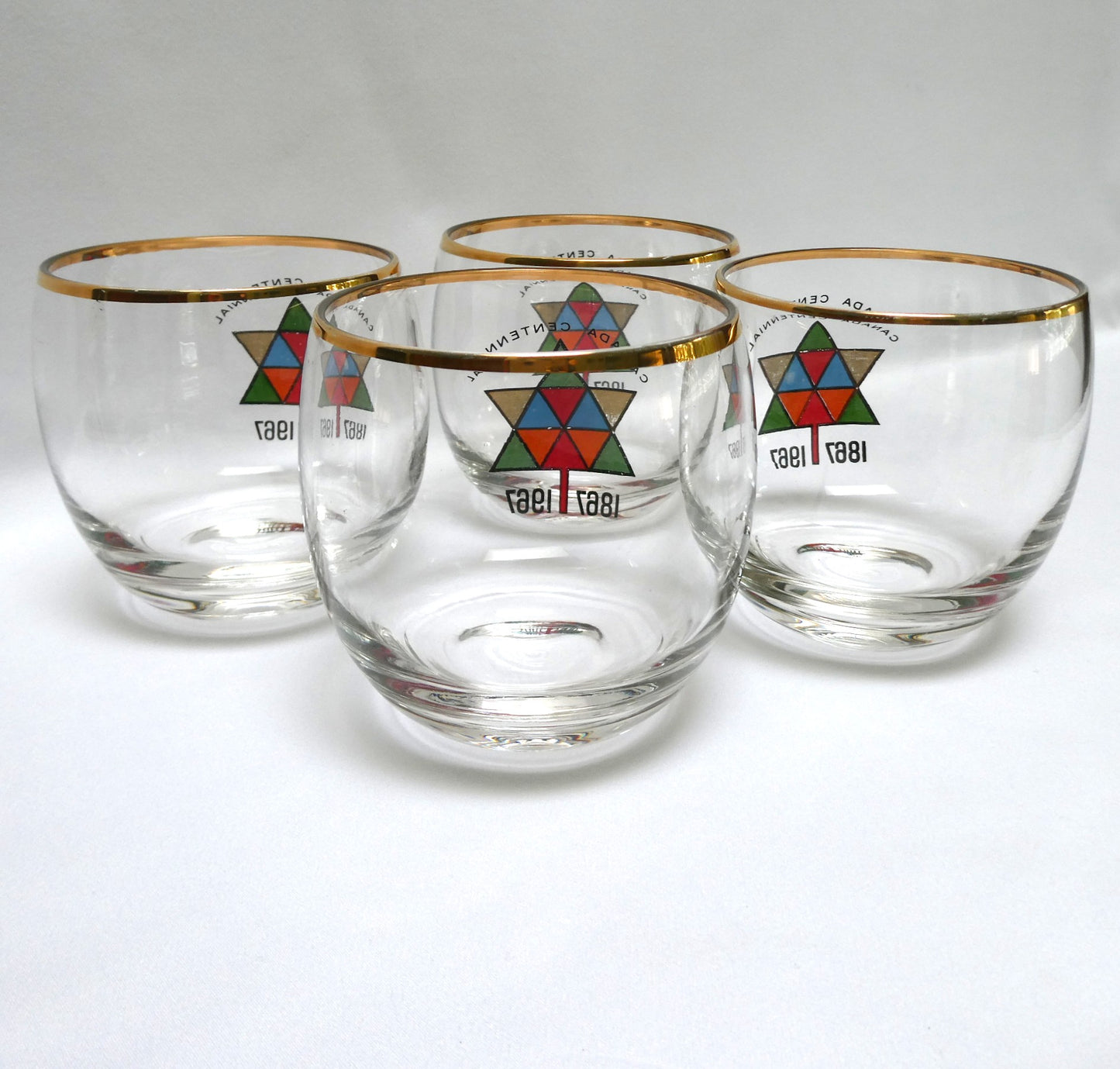 1967 Vintage EXPO CENTENNIAL ROLY-POLY GLASS GOLD-RIMMED TUMBLERS, Featuring Multi-Coloured Maple Leaves (Priced Each)