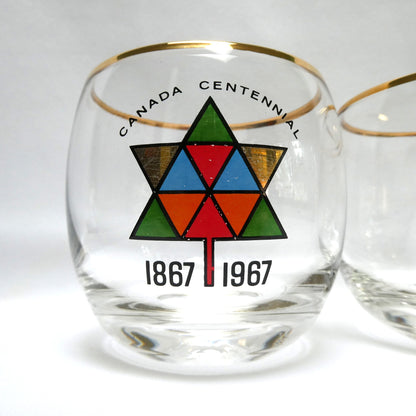 1967 Vintage EXPO CENTENNIAL ROLY-POLY GLASS GOLD-RIMMED TUMBLERS, Featuring Multi-Coloured Maple Leaves (Priced Each)