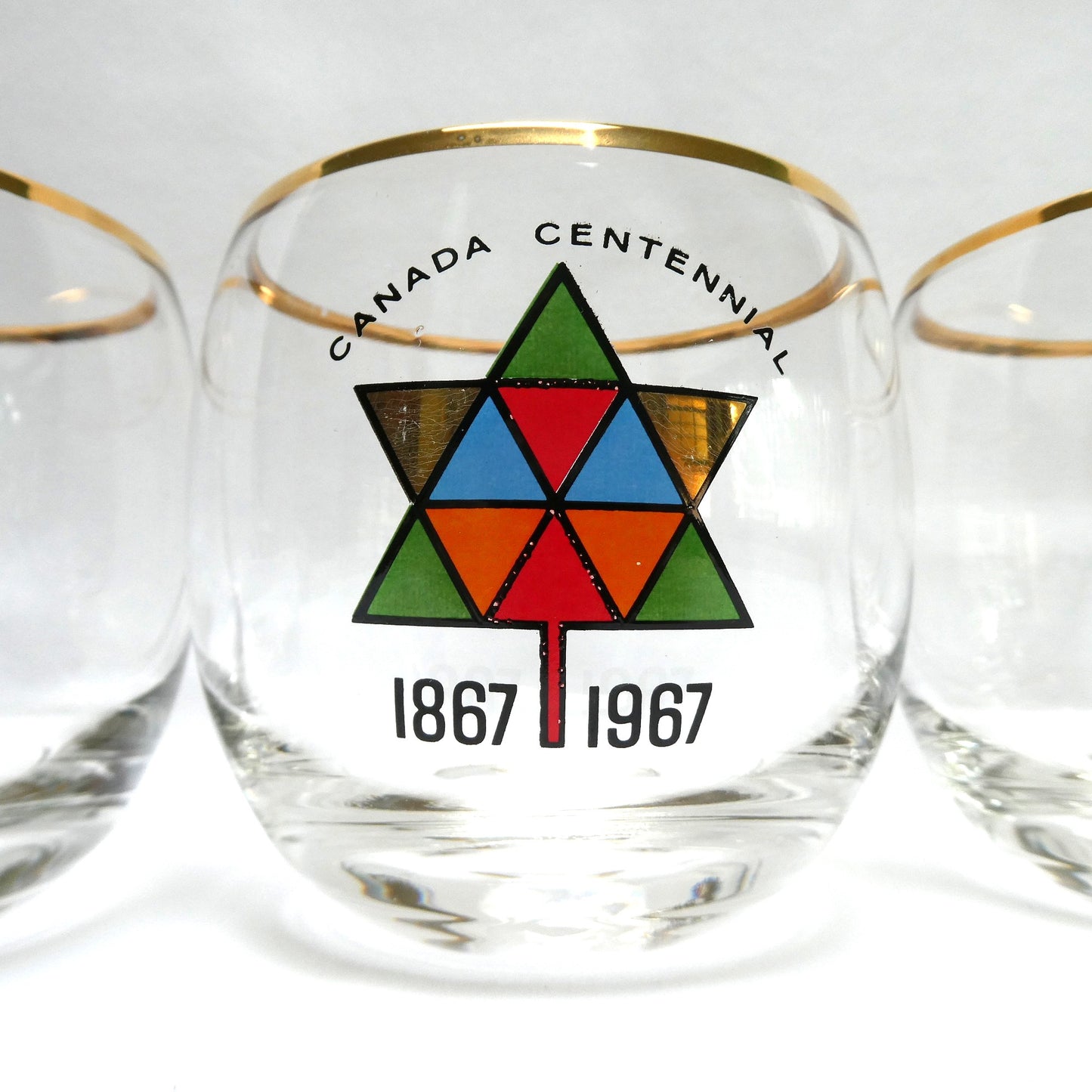 1967 Vintage EXPO CENTENNIAL ROLY-POLY GLASS GOLD-RIMMED TUMBLERS, Featuring Multi-Coloured Maple Leaves (Priced Each)