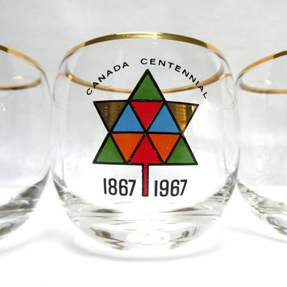 1967 Vintage EXPO CENTENNIAL ROLY-POLY GLASS GOLD-RIMMED TUMBLERS, Featuring Multi-Coloured Maple Leaves (Priced Each)