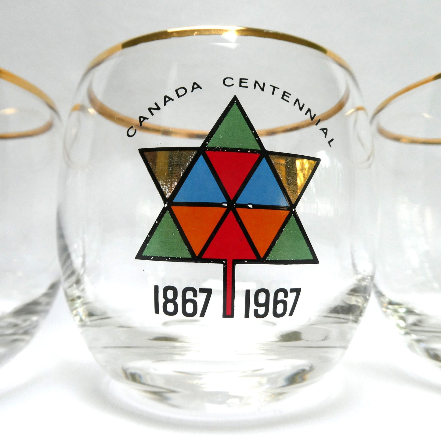 1967 Vintage EXPO CENTENNIAL ROLY-POLY GLASS GOLD-RIMMED TUMBLERS, Featuring Multi-Coloured Maple Leaves (Priced Each)