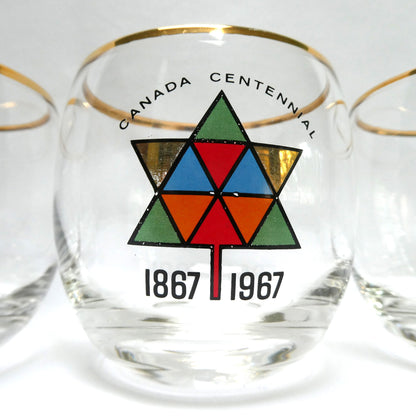 1967 Vintage EXPO CENTENNIAL ROLY-POLY GLASS GOLD-RIMMED TUMBLERS, Featuring Multi-Coloured Maple Leaves (Priced Each)