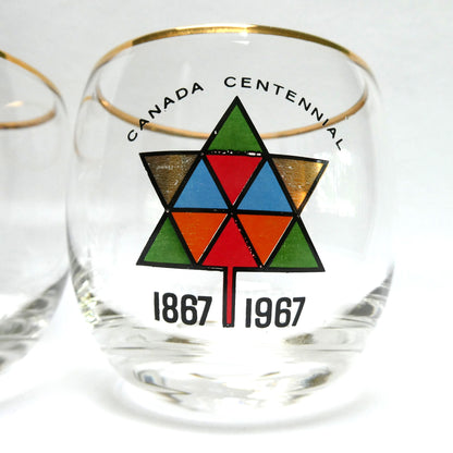1967 Vintage EXPO CENTENNIAL ROLY-POLY GLASS GOLD-RIMMED TUMBLERS, Featuring Multi-Coloured Maple Leaves (Priced Each)