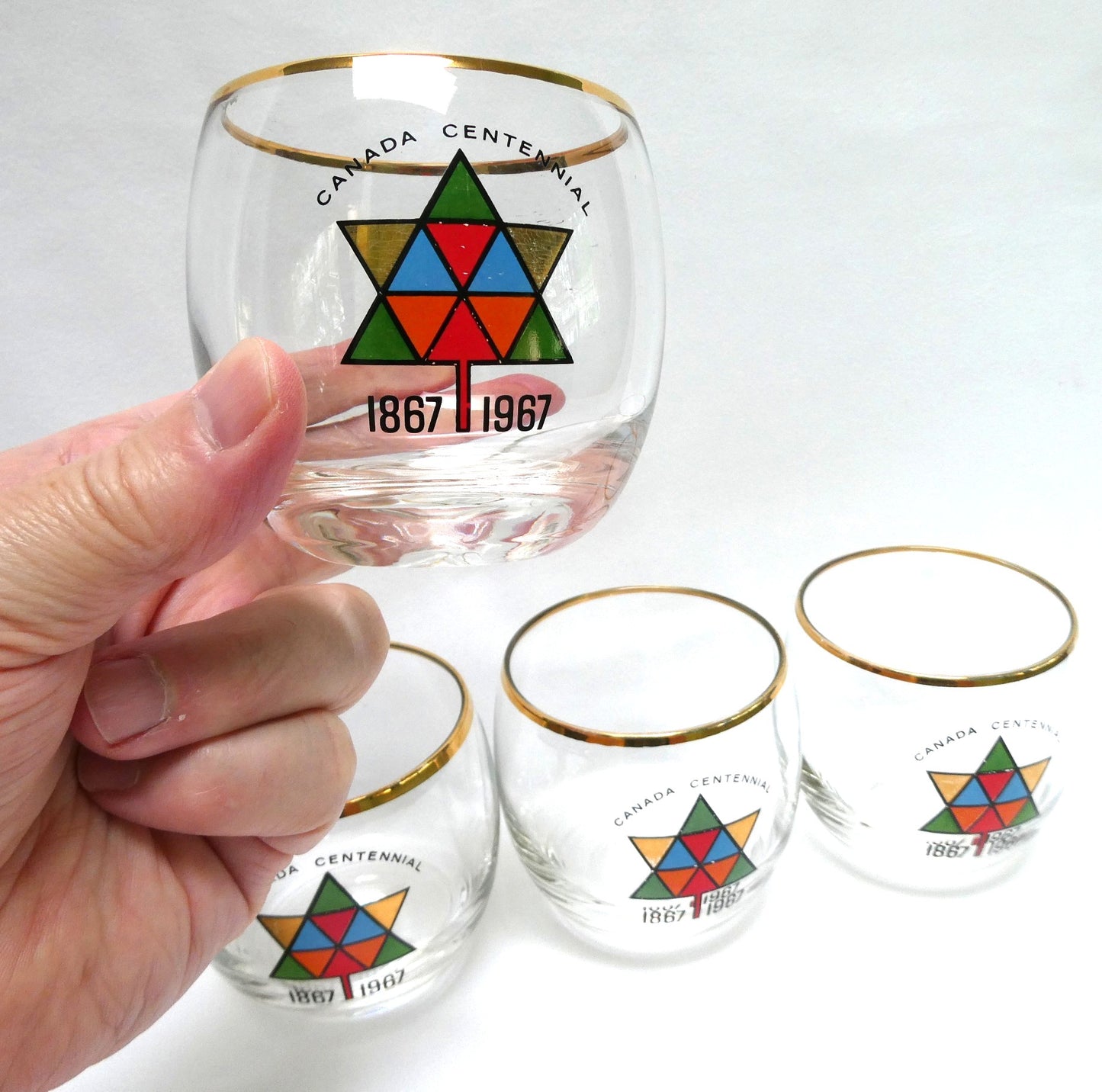 1967 Vintage EXPO CENTENNIAL ROLY-POLY GLASS GOLD-RIMMED TUMBLERS, Featuring Multi-Coloured Maple Leaves (Priced Each)