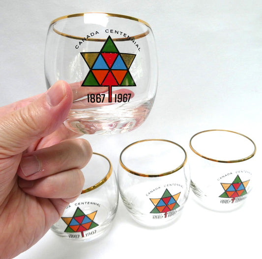1967 Vintage EXPO CENTENNIAL ROLY-POLY GLASS GOLD-RIMMED TUMBLERS, Featuring Multi-Coloured Maple Leaves (Priced Each)
