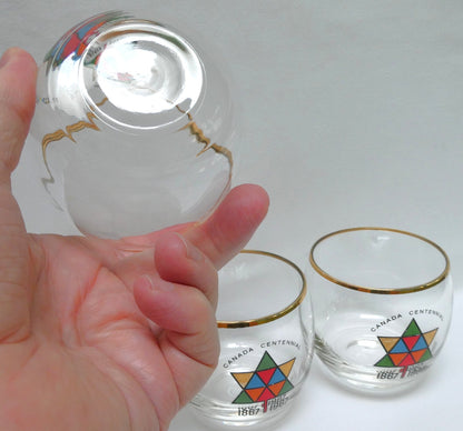 1967 Vintage EXPO CENTENNIAL ROLY-POLY GLASS GOLD-RIMMED TUMBLERS, Featuring Multi-Coloured Maple Leaves (Priced Each)
