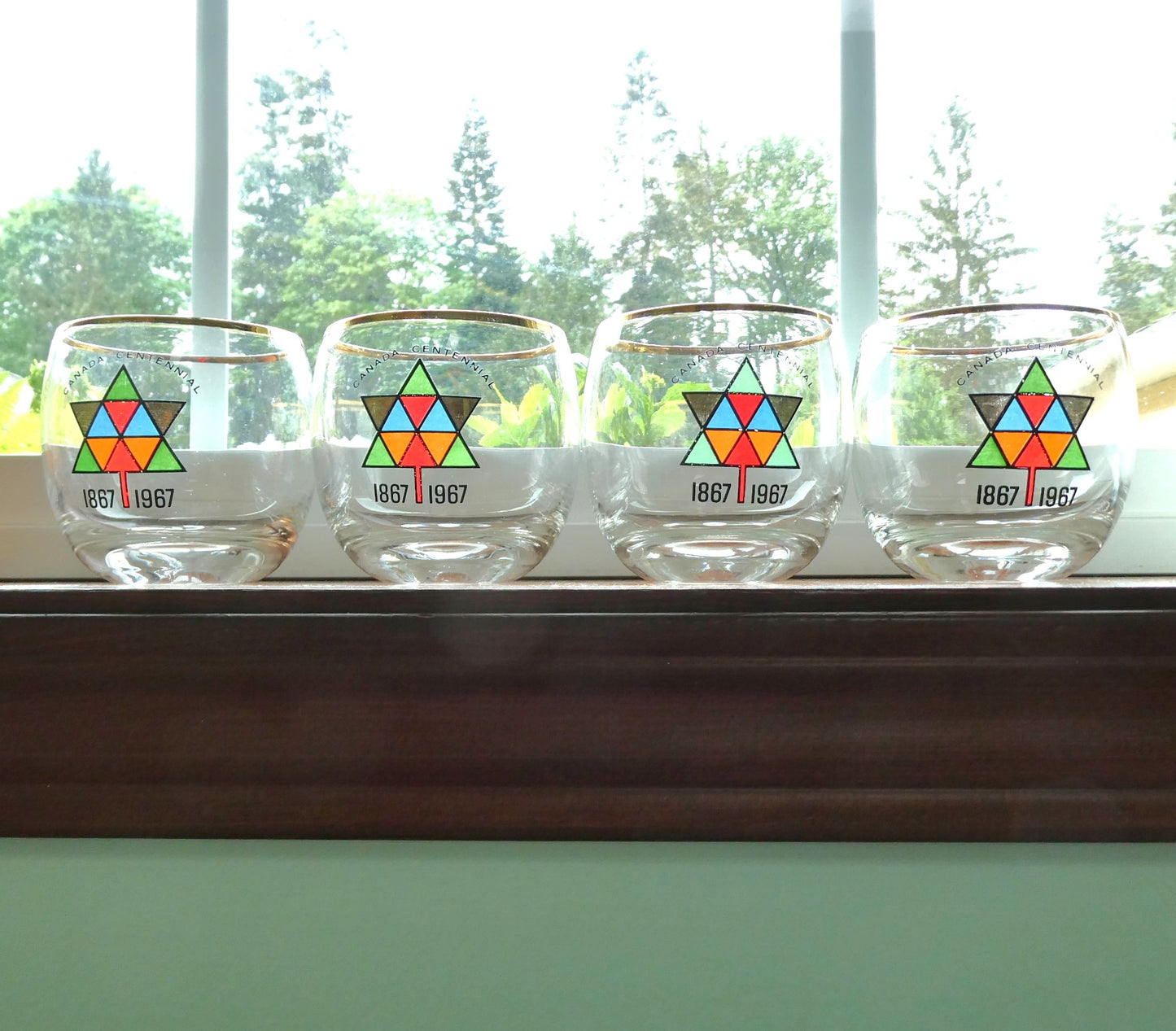 1967 Vintage EXPO CENTENNIAL ROLY-POLY GLASS GOLD-RIMMED TUMBLERS, Featuring Multi-Coloured Maple Leaves (Priced Each)