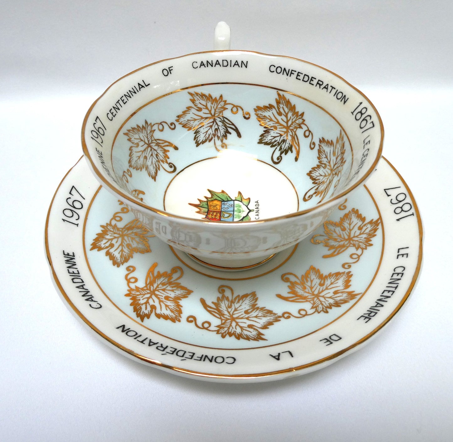 Vintage Rare Royal Grafton 1967 Centennial of Canadian Confederation Tea Cup and Saucer, Featuring the Gold Maple Leaves!