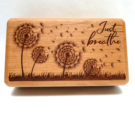 Contemporary Lazer-Etched Jewelry Caddy Box, Featuring a Hinged Lid, White Interior and Dandelions "Just Breathe"