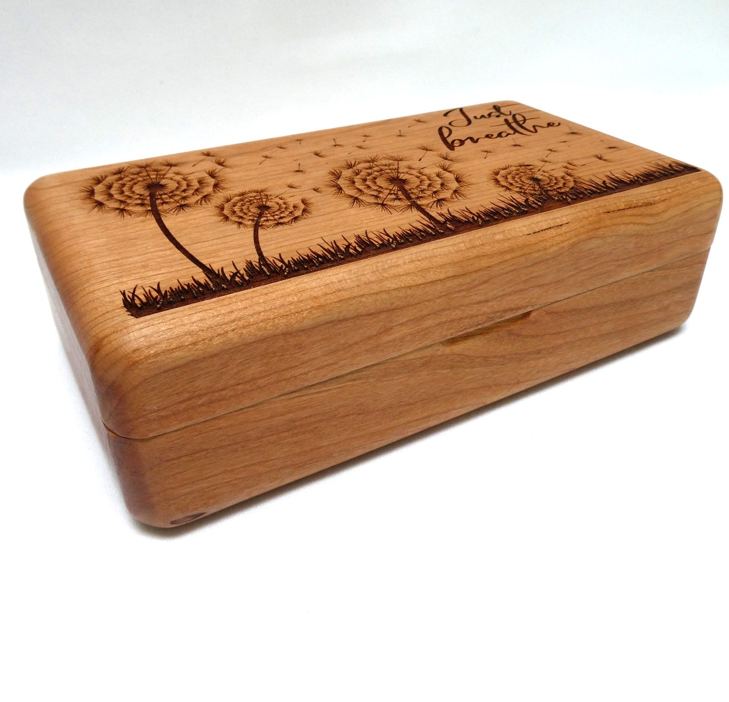 Contemporary Lazer-Etched Jewelry Caddy Box, Featuring a Hinged Lid, White Interior and Dandelions "Just Breathe"