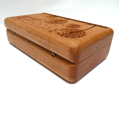Contemporary Lazer-Etched Jewelry Caddy Box, Featuring a Hinged Lid, White Interior and Dandelions "Just Breathe"